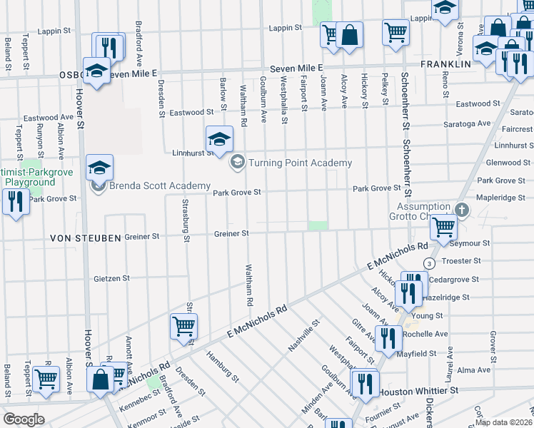 map of restaurants, bars, coffee shops, grocery stores, and more near 18103 Goulburn Avenue in Detroit