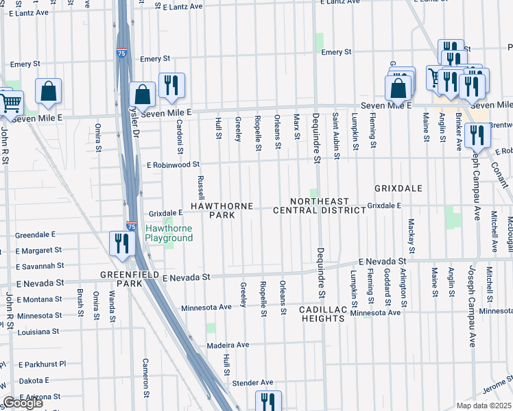 map of restaurants, bars, coffee shops, grocery stores, and more near 18565 Riopelle Street in Highland Park