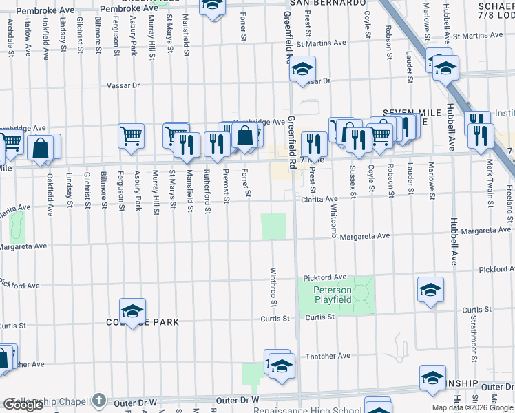 map of restaurants, bars, coffee shops, grocery stores, and more near 18918 Forrer Street in Detroit