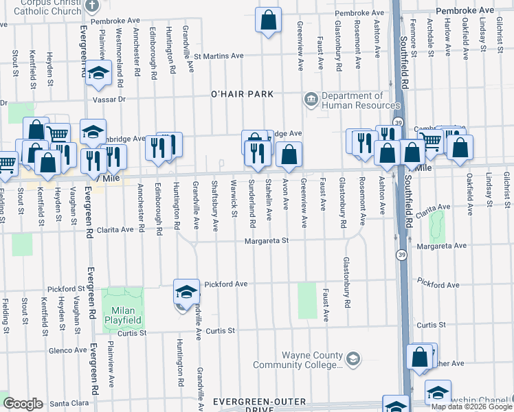 map of restaurants, bars, coffee shops, grocery stores, and more near 18763 Sunderland Road in Detroit