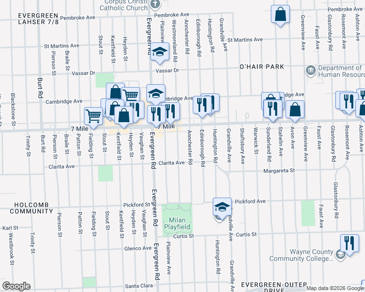 map of restaurants, bars, coffee shops, grocery stores, and more near 19026 Westmoreland Road in Detroit