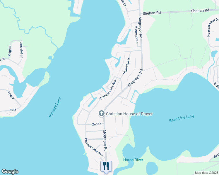 map of restaurants, bars, coffee shops, grocery stores, and more near 11744 Algonquin Drive in Pinckney