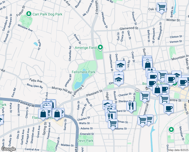 map of restaurants, bars, coffee shops, grocery stores, and more near 233 Fellsway East in Malden