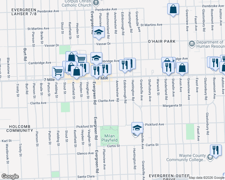 map of restaurants, bars, coffee shops, grocery stores, and more near 19026 Westmoreland Road in Detroit