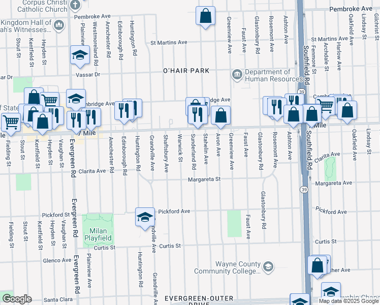 map of restaurants, bars, coffee shops, grocery stores, and more near 18763 Sunderland Road in Detroit