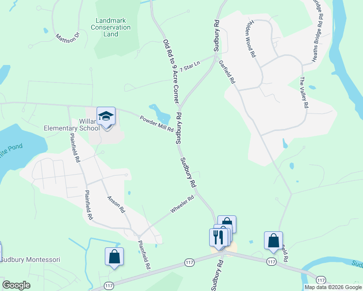 map of restaurants, bars, coffee shops, grocery stores, and more near 1361 Sudbury Road in Concord