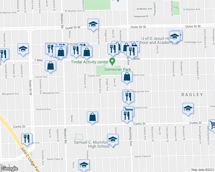 map of restaurants, bars, coffee shops, grocery stores, and more near 18700 Griggs Avenue in Detroit