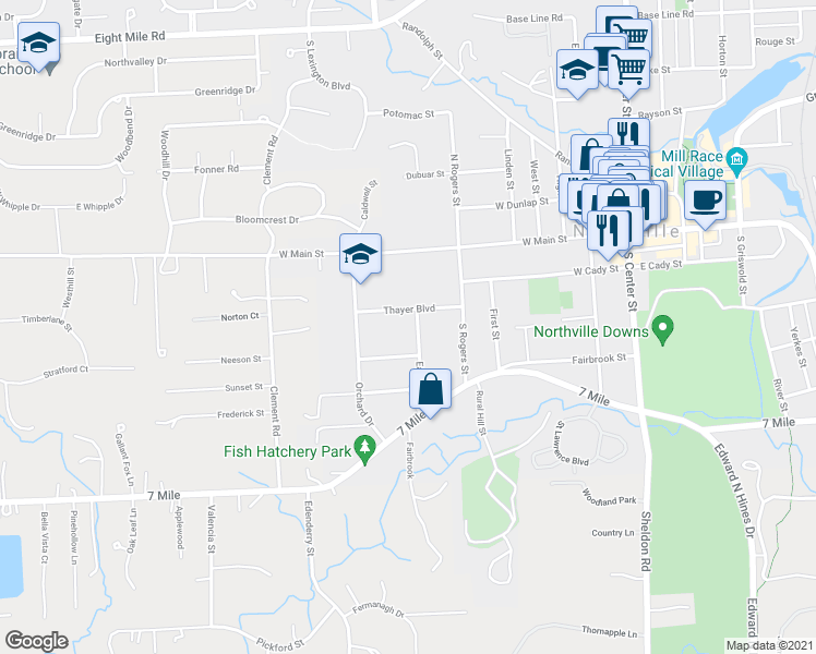 map of restaurants, bars, coffee shops, grocery stores, and more near 330 Eaton Drive in Northville