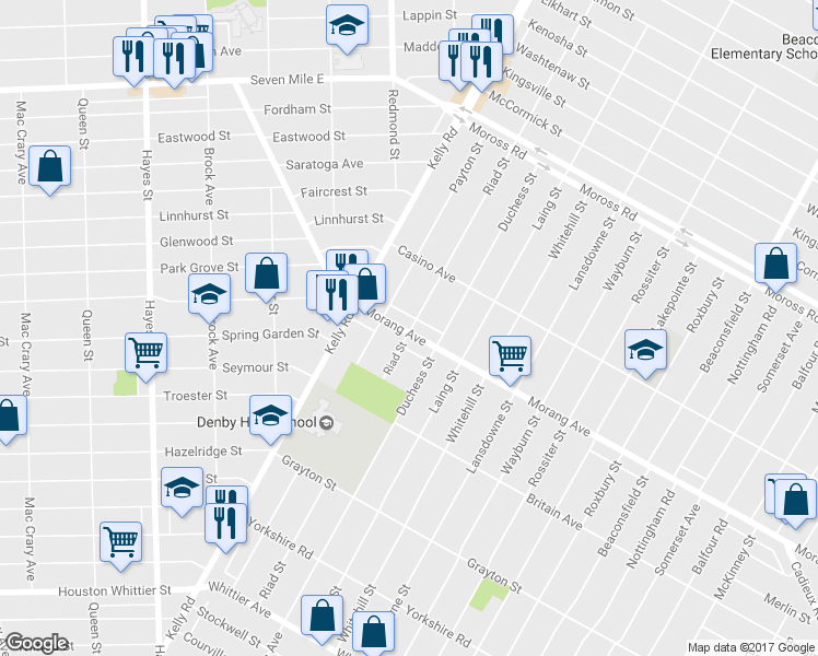 map of restaurants, bars, coffee shops, grocery stores, and more near 12400 Morang Dr in Detroit