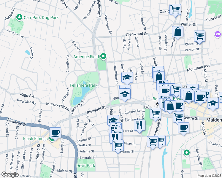 map of restaurants, bars, coffee shops, grocery stores, and more near 170 Maple Street in Malden