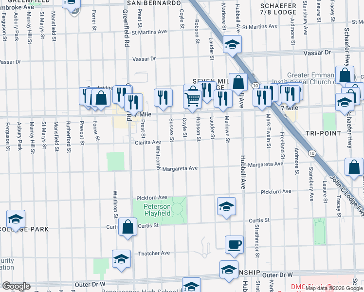 map of restaurants, bars, coffee shops, grocery stores, and more near 18910 Coyle Street in Detroit