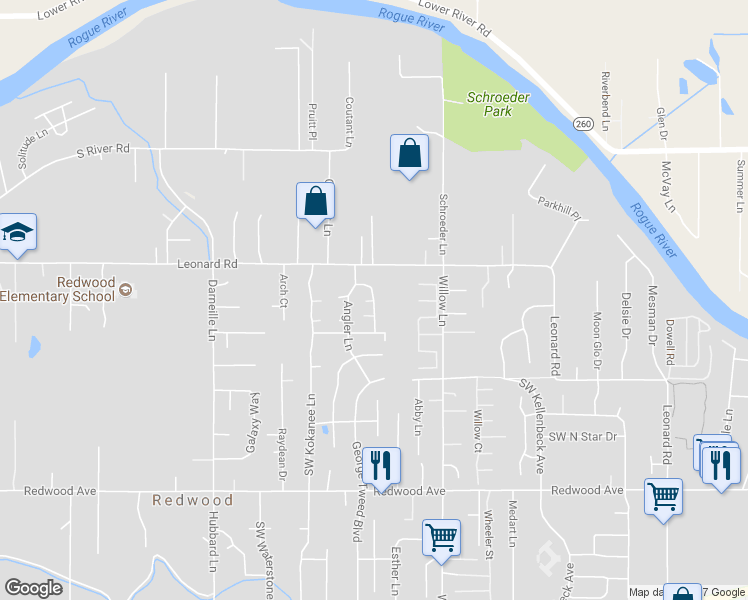 map of restaurants, bars, coffee shops, grocery stores, and more near 2683 Sprinkle Way in Grants Pass