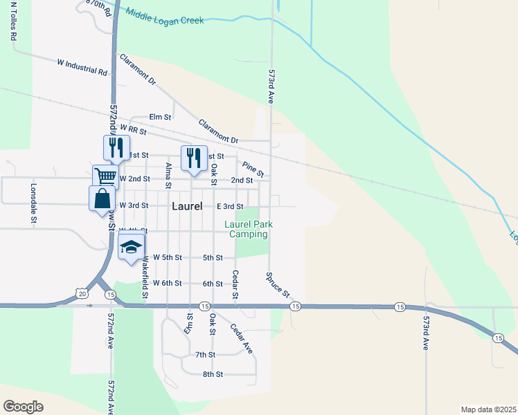 map of restaurants, bars, coffee shops, grocery stores, and more near Pine Street in Laurel
