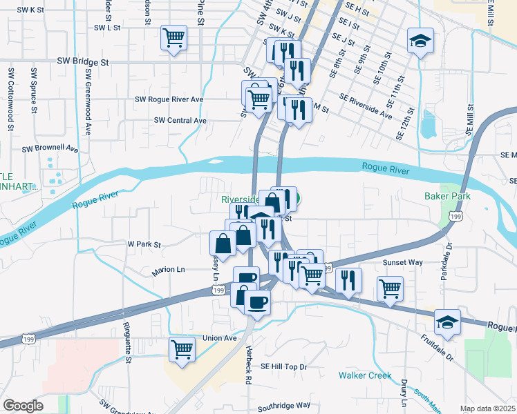 map of restaurants, bars, coffee shops, grocery stores, and more near 115 Rogue River Highway in Grants Pass