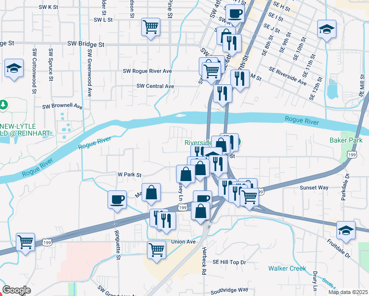map of restaurants, bars, coffee shops, grocery stores, and more near 200 Lewis Avenue in Grants Pass