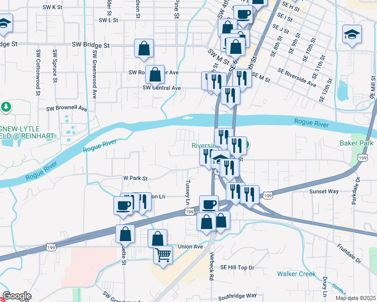 map of restaurants, bars, coffee shops, grocery stores, and more near 200 Lewis Avenue in Grants Pass