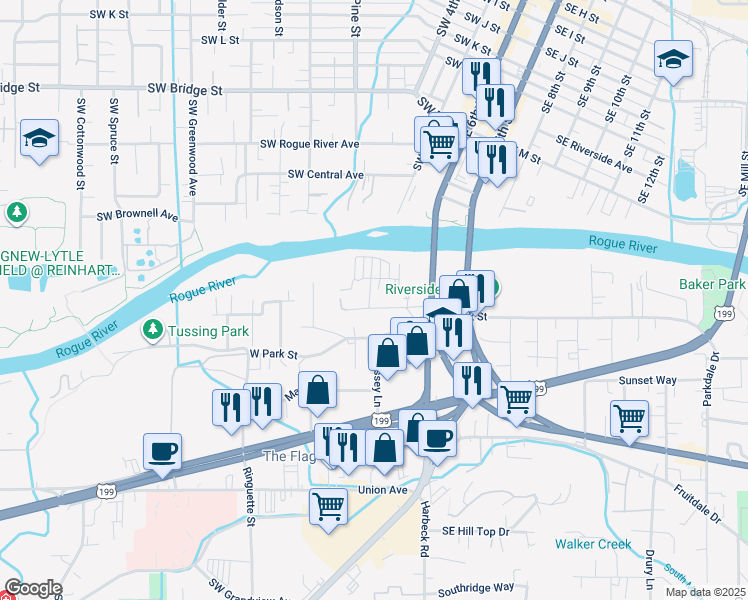 map of restaurants, bars, coffee shops, grocery stores, and more near 200 Lewis Avenue in Grants Pass