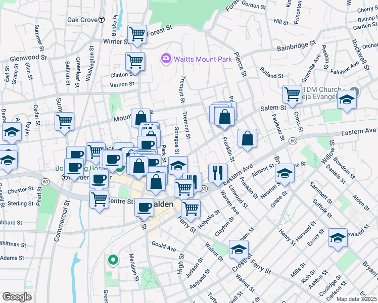 map of restaurants, bars, coffee shops, grocery stores, and more near 20 Tremont Street in Malden