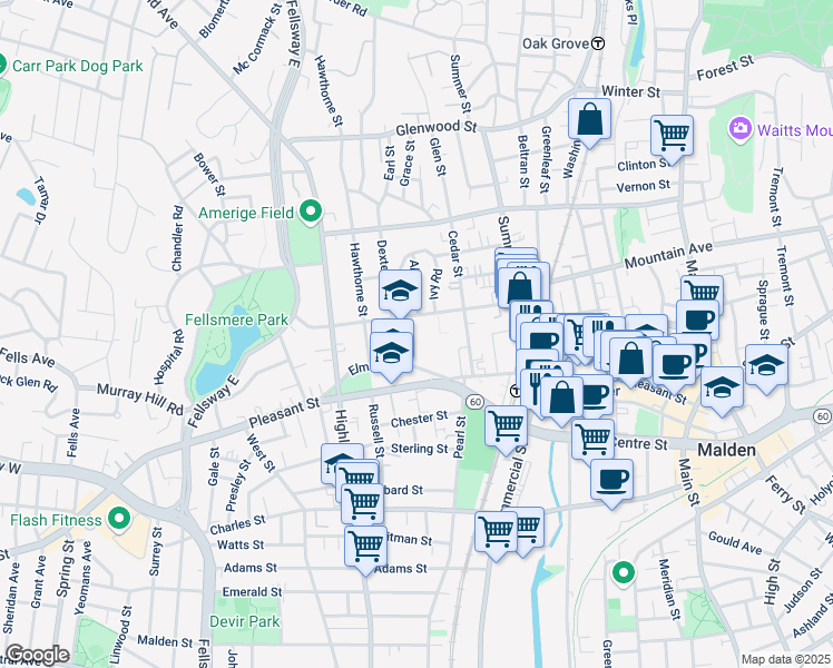 map of restaurants, bars, coffee shops, grocery stores, and more near 96 Maple Street in Malden