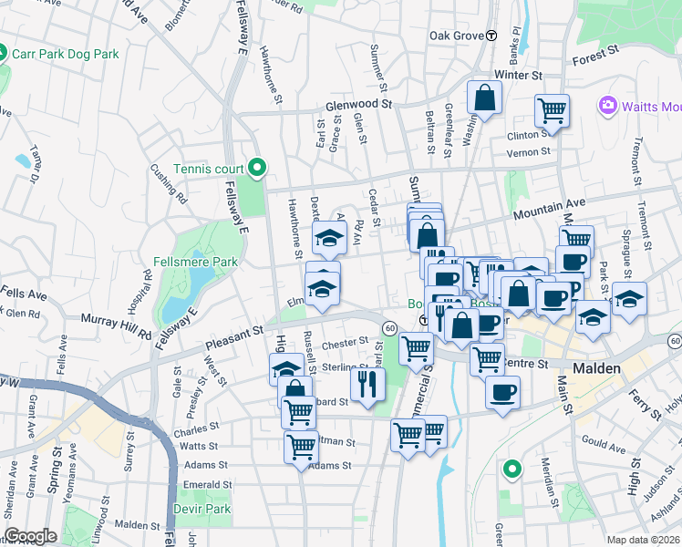 map of restaurants, bars, coffee shops, grocery stores, and more near 96 Maple Street in Malden