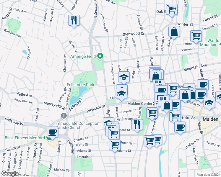 map of restaurants, bars, coffee shops, grocery stores, and more near 40 Hawthorne Street in Malden