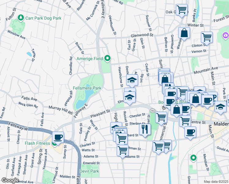 map of restaurants, bars, coffee shops, grocery stores, and more near 40 Hawthorne Street in Malden