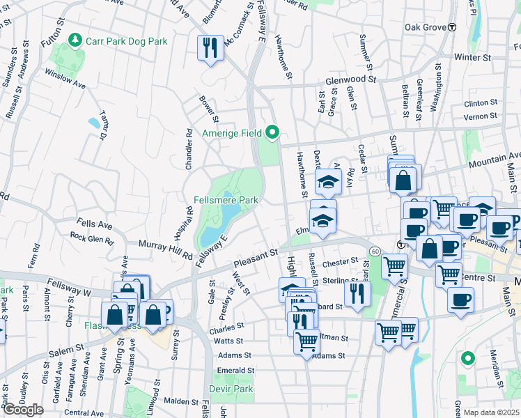 map of restaurants, bars, coffee shops, grocery stores, and more near 235 Fellsway East in Malden