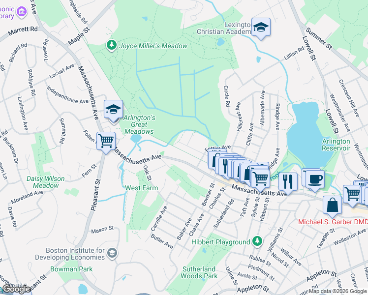 map of restaurants, bars, coffee shops, grocery stores, and more near 47 Brandon Street in Lexington