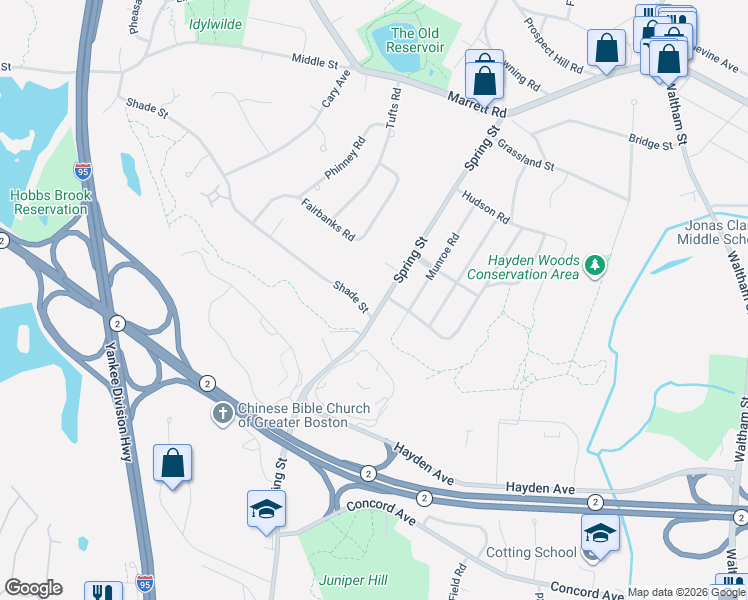 map of restaurants, bars, coffee shops, grocery stores, and more near 95 Spring Street in Lexington