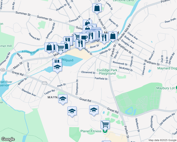 map of restaurants, bars, coffee shops, grocery stores, and more near 3 Dartmouth Court in Maynard