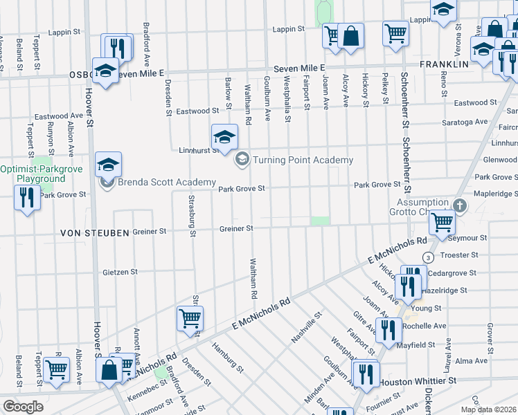 map of restaurants, bars, coffee shops, grocery stores, and more near 18103 Goulburn Avenue in Detroit