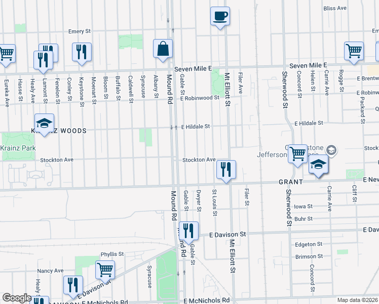 map of restaurants, bars, coffee shops, grocery stores, and more near 18471 Dwyer Street in Detroit