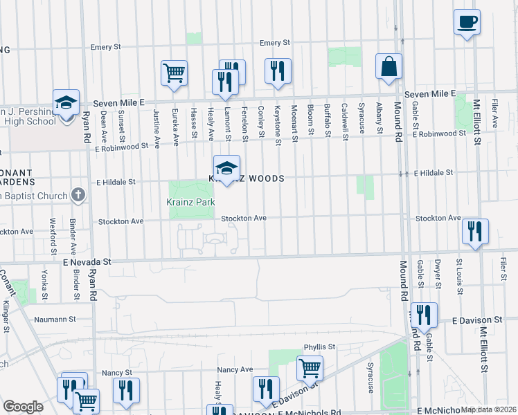map of restaurants, bars, coffee shops, grocery stores, and more near 18466 Conley Avenue in Detroit