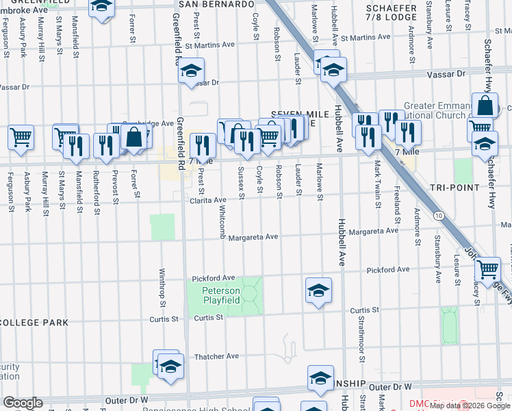 map of restaurants, bars, coffee shops, grocery stores, and more near 18910 Coyle Street in Detroit