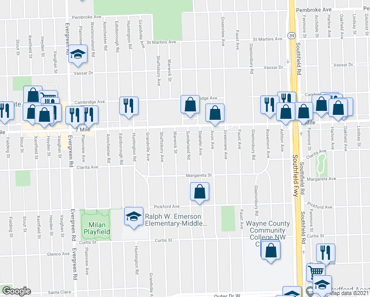 map of restaurants, bars, coffee shops, grocery stores, and more near 18763 Sunderland Road in Detroit