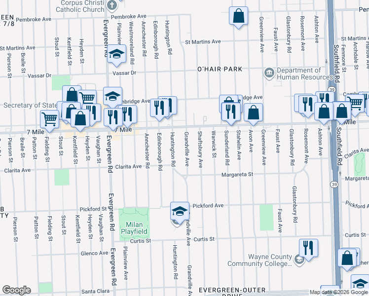map of restaurants, bars, coffee shops, grocery stores, and more near 18762 Grandville Avenue in Detroit