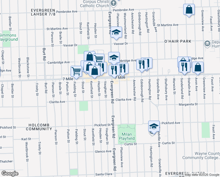 map of restaurants, bars, coffee shops, grocery stores, and more near in Detroit
