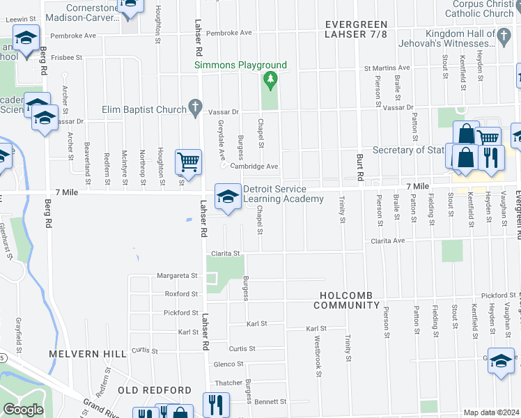 map of restaurants, bars, coffee shops, grocery stores, and more near in Detroit