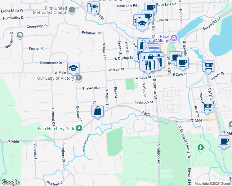 map of restaurants, bars, coffee shops, grocery stores, and more near 280 First Street in Northville