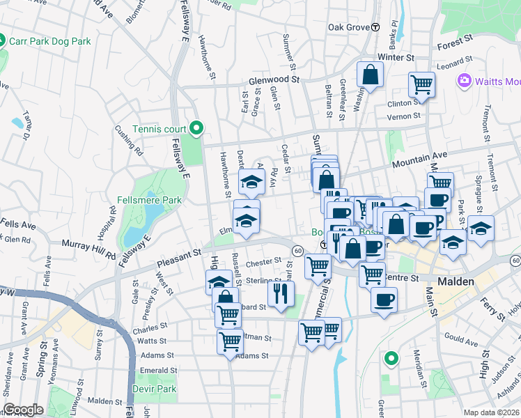 map of restaurants, bars, coffee shops, grocery stores, and more near 96 Maple Street in Malden