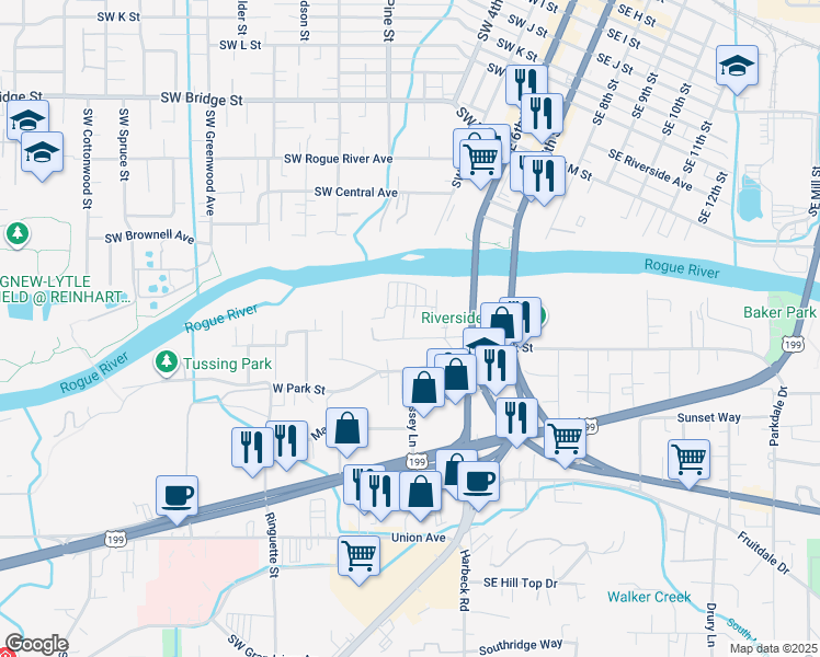 map of restaurants, bars, coffee shops, grocery stores, and more near 198 Lewis Avenue in Grants Pass