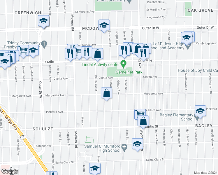 map of restaurants, bars, coffee shops, grocery stores, and more near 18651 Birwood Street in Detroit