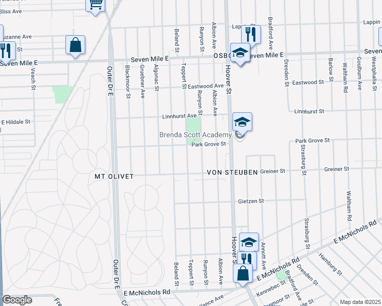 map of restaurants, bars, coffee shops, grocery stores, and more near 18084 Teppert Street in Detroit