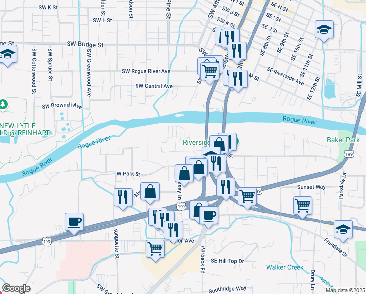 map of restaurants, bars, coffee shops, grocery stores, and more near 200 Lewis Avenue in Grants Pass