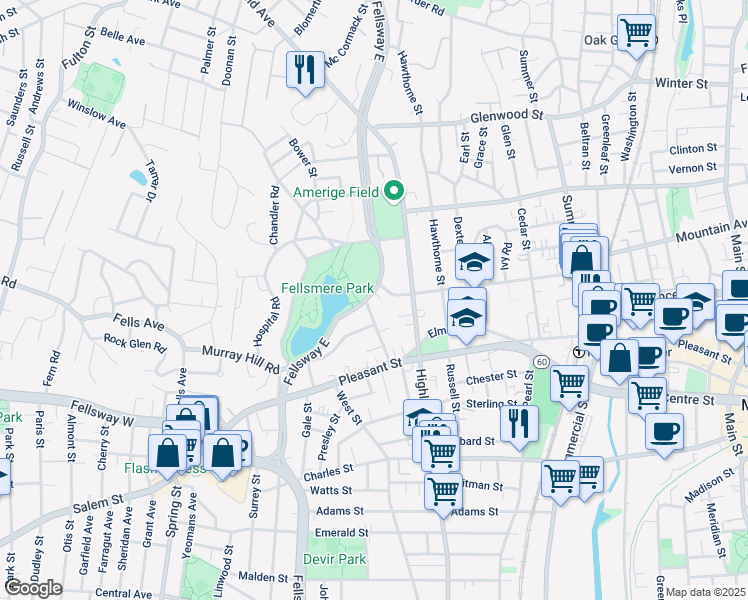 map of restaurants, bars, coffee shops, grocery stores, and more near 235 Fellsway East in Malden