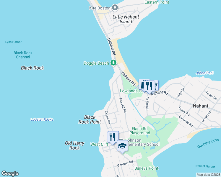 map of restaurants, bars, coffee shops, grocery stores, and more near 55 Castle Road in Nahant