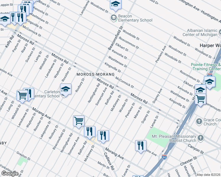 map of restaurants, bars, coffee shops, grocery stores, and more near 19822 Moross Road in Detroit