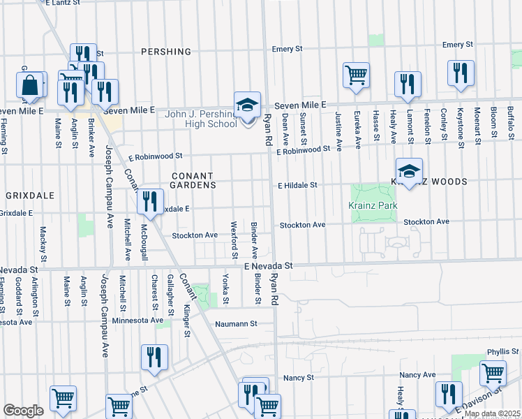 map of restaurants, bars, coffee shops, grocery stores, and more near 18474 Binder Street in Detroit