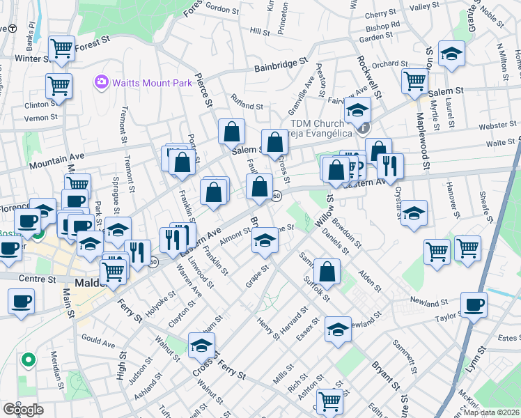 map of restaurants, bars, coffee shops, grocery stores, and more near 490 Eastern Avenue in Malden