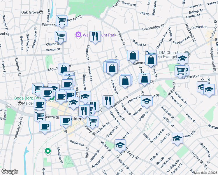 map of restaurants, bars, coffee shops, grocery stores, and more near in Malden